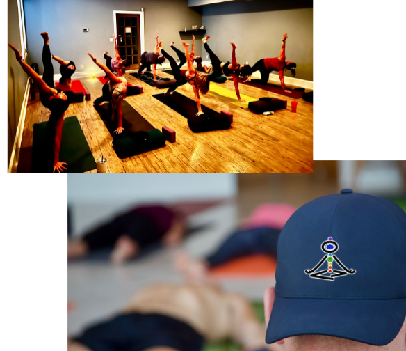 Rob teaching yoga and breathwork therapy, with Beyond Vinyasa logo on his t-shirt and cap.